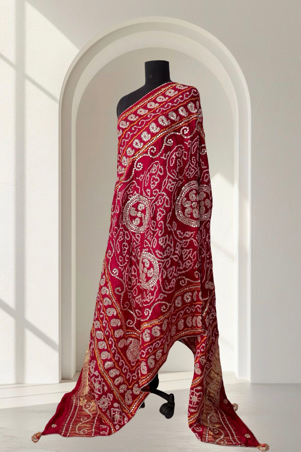 Crimson red Gajji silk Bandhani Gota Patti dupatta