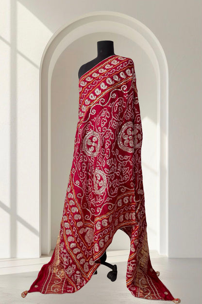 Crimson red Gajji silk Bandhani Gota Patti dupatta