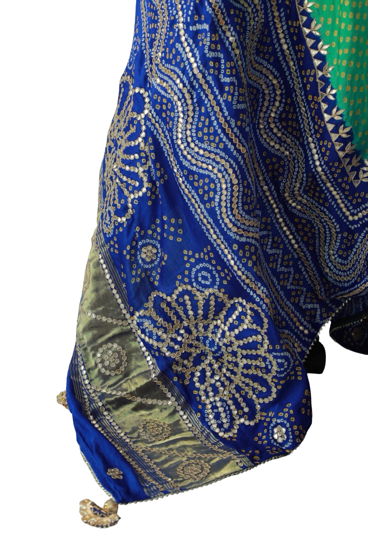 Yellow Bandhani dots and decorative Gota Patti motifs on green Gajji silk