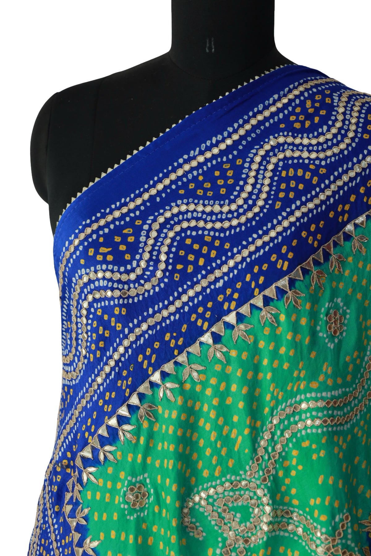 Green Bandhani silk dupatta with a contrasting royal blue border and metallic embellishments