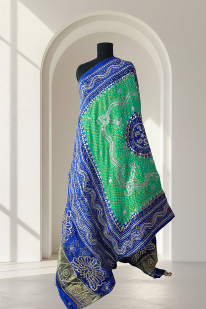 Neelambari green and royal blue Gajji silk Bandhani dupatta with Gota Patti work