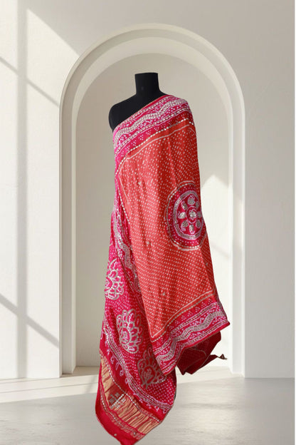 Orange and pink Gajji silk Bandhani Gota Patti dupatta 