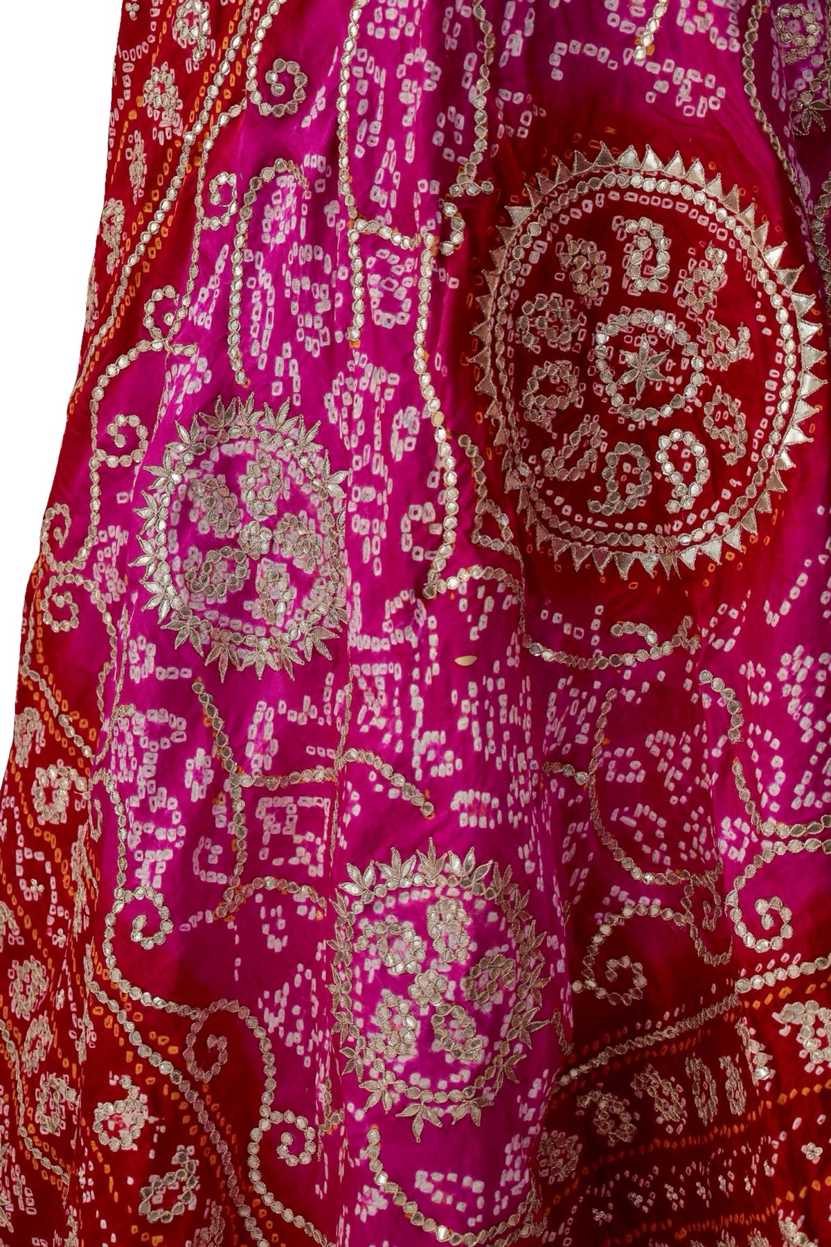 Pink silk Bandhani dupatta with contrasting red borders and metallic Gota Patti work