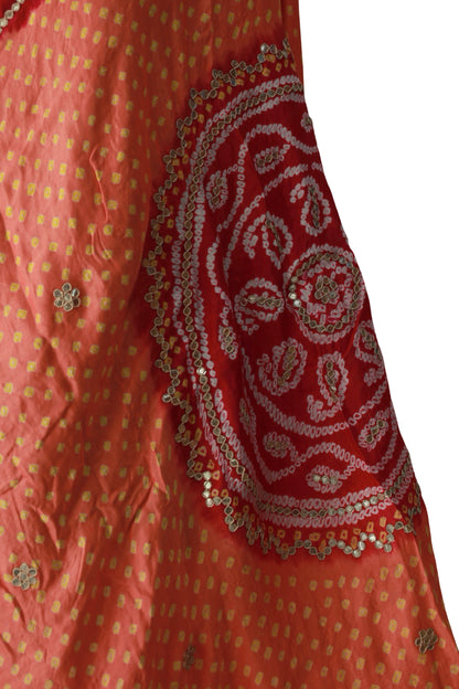 BIJOI peach and red Bandhani dupatta with large floral end motifs and a gold-toned end border