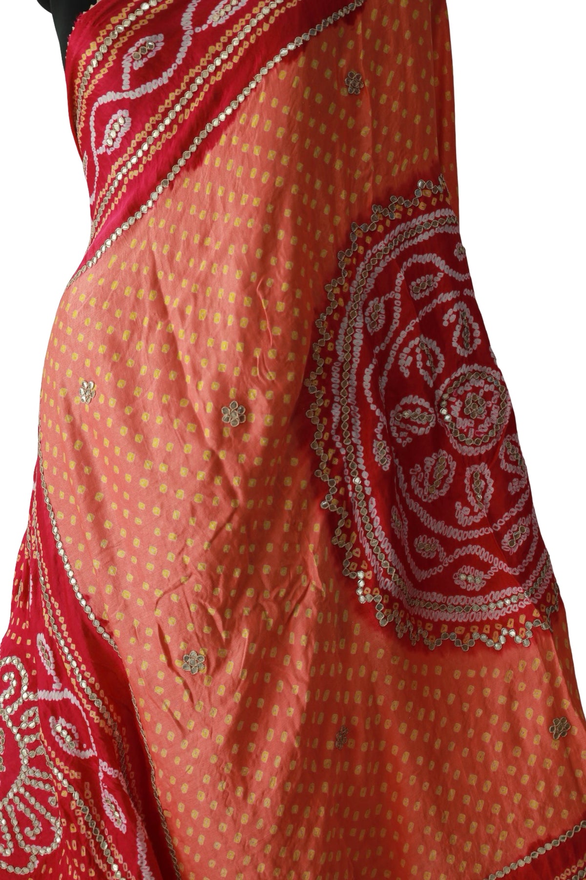 BIJOI peach and red Bandhani dupatta with hand work gota patti.