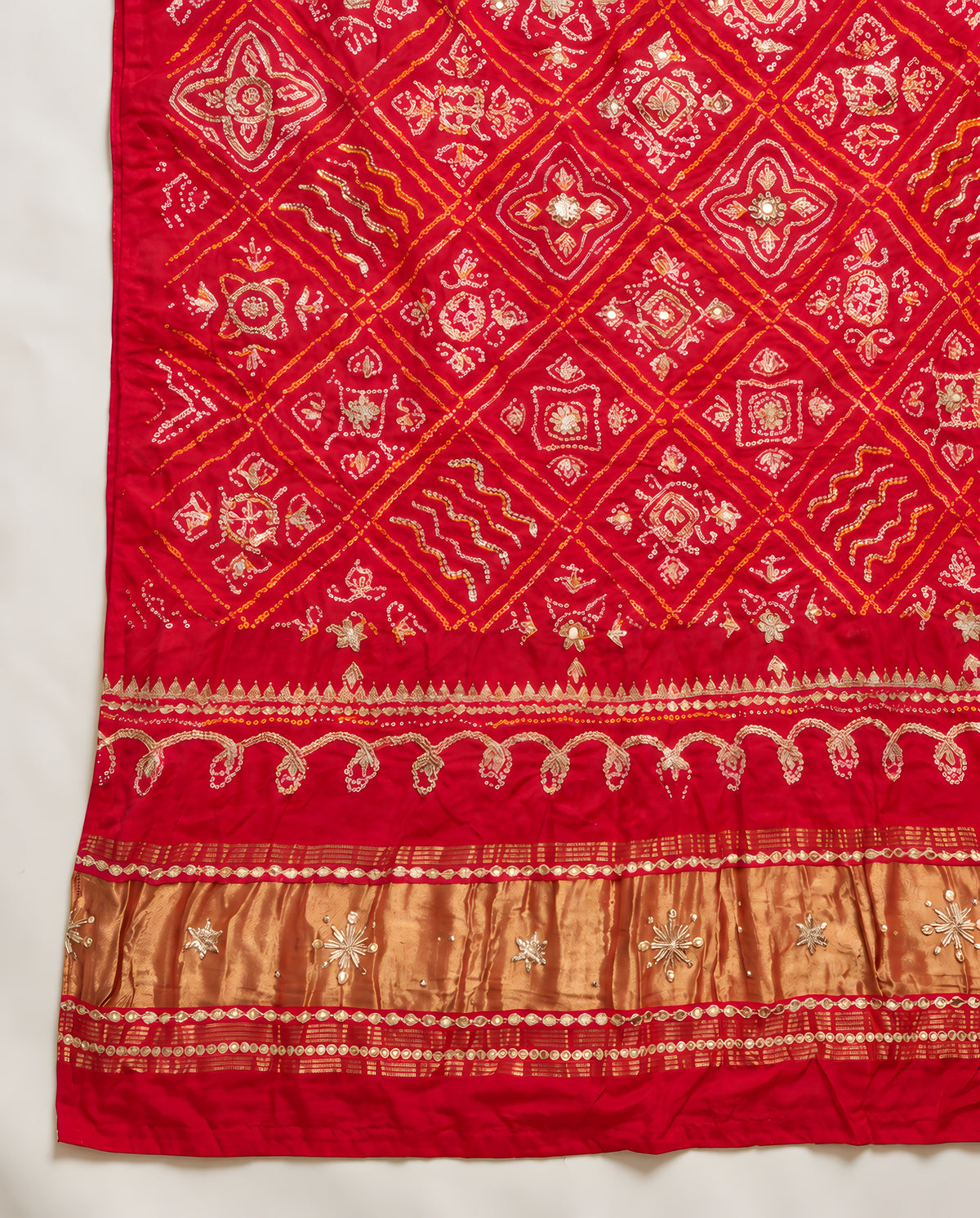 Ruby red Bandhani dupatta with gota patti work