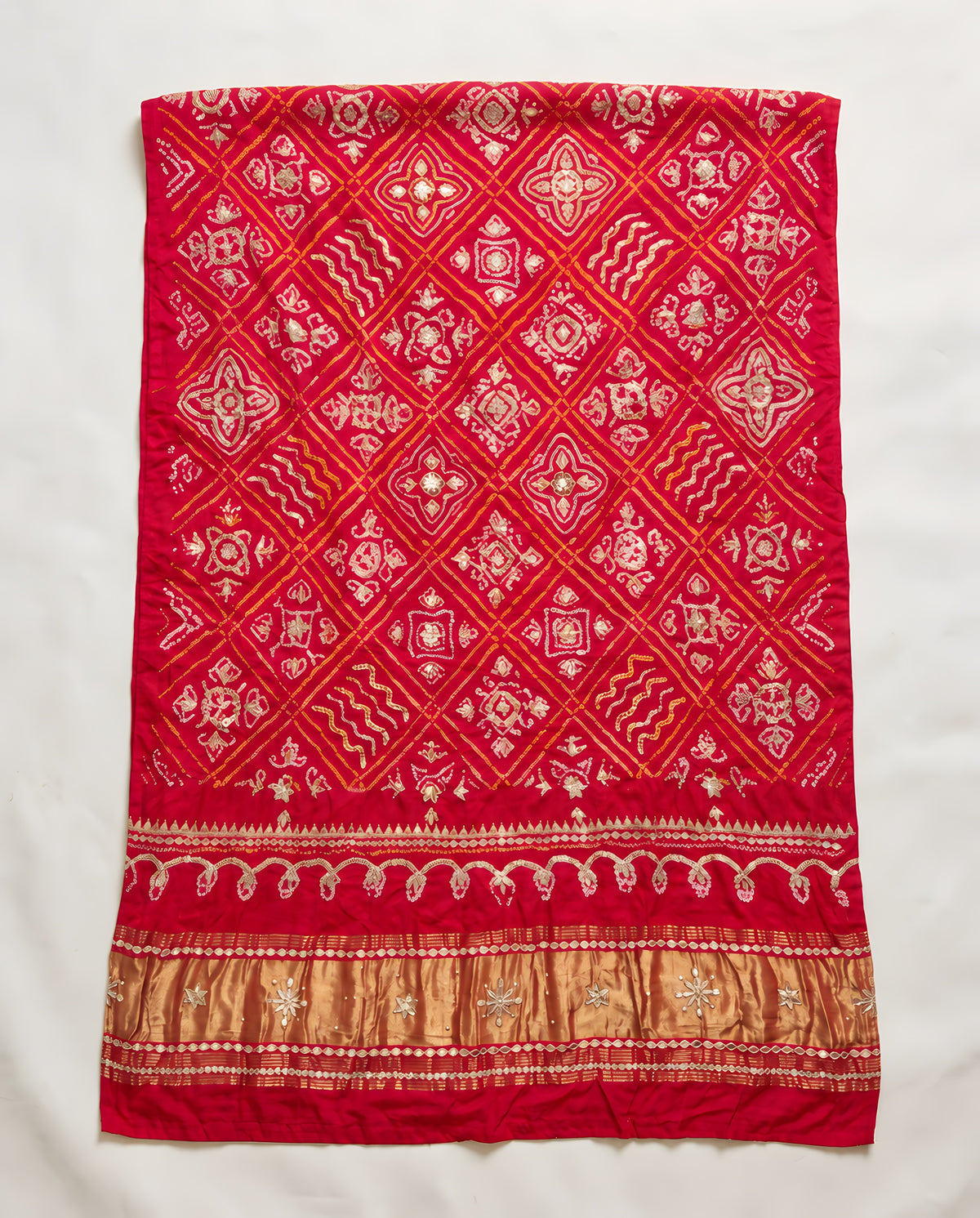 Ruby red Bandhani dupatta with gota patti work, full view