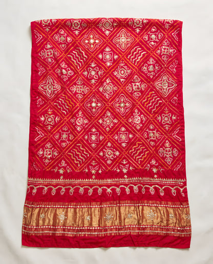 Ruby red Bandhani dupatta with gota patti work, full view