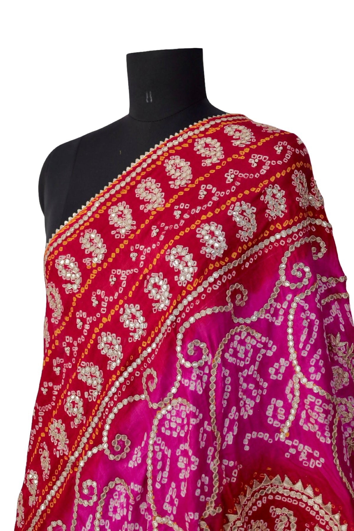 BIJOI pink and red Bandhani Gota Patti dupatta with an ornate pallu and corner tassel