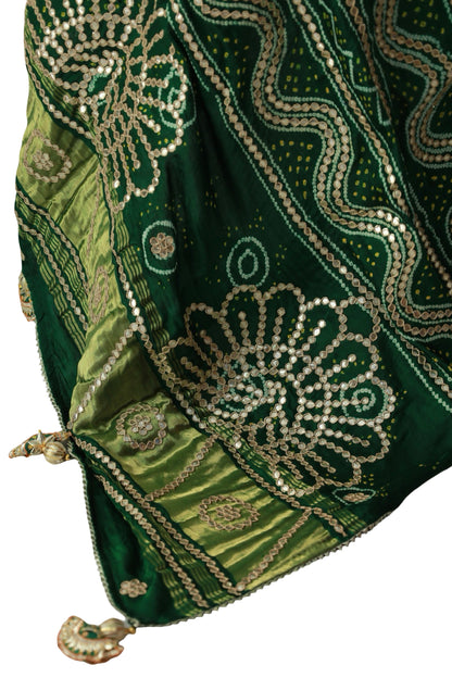 Emerald Green Bandhani gota patti dupatta for festive and wedding wear