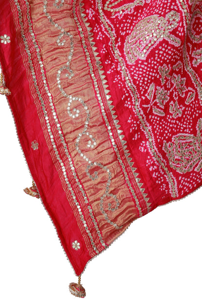 Handcrafted Gulaal Red Bandhani dupatta with gota patti hand work