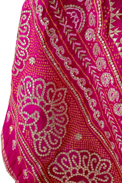 Handcrafted Gulabi Pink Bandhani dupatta with gota patti hand work