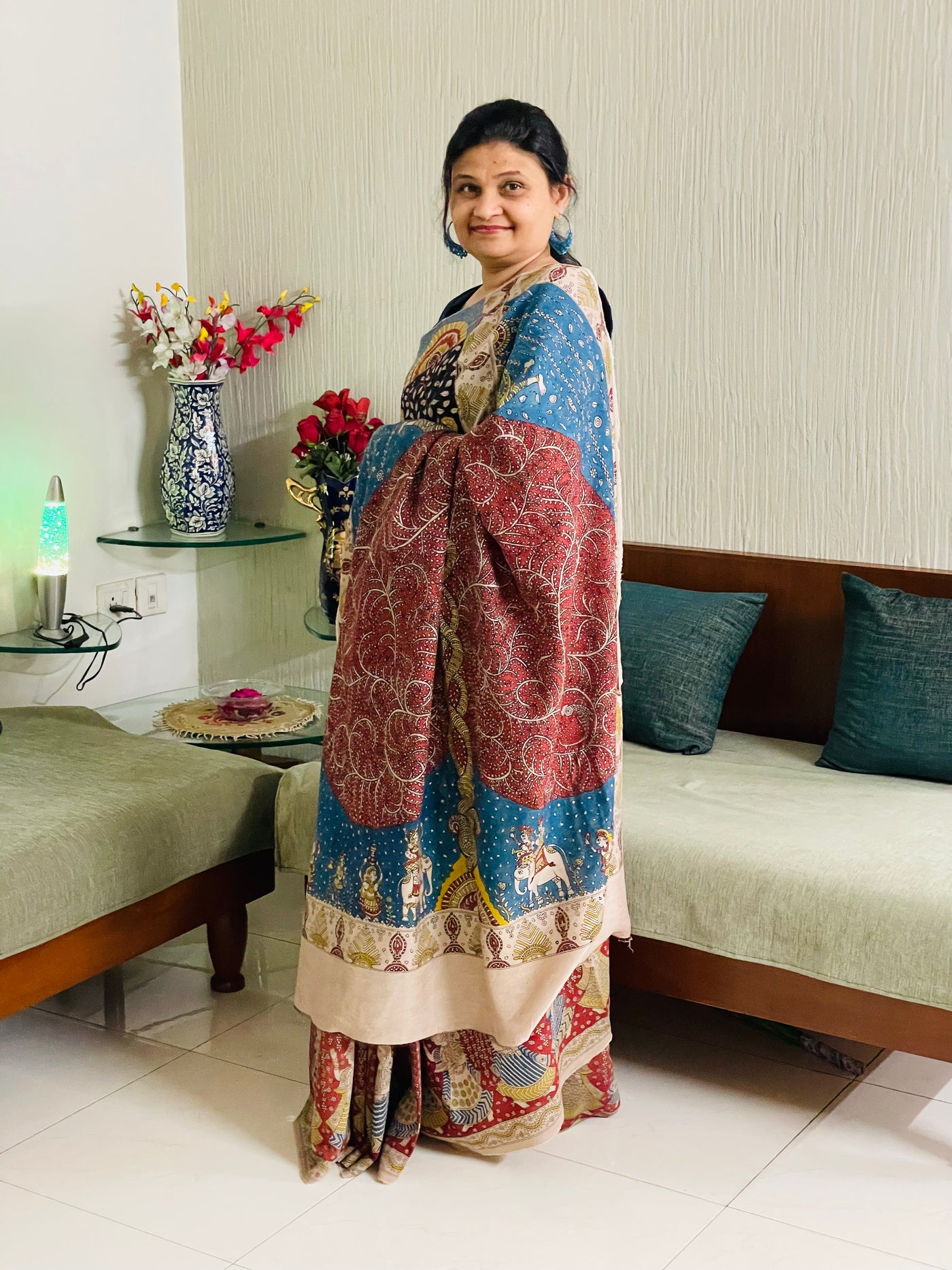 Handcrafted ocean Mata Ni Pachedi saree adorned with authentic handpainted designs inspired by Gujarat's folk art heritage