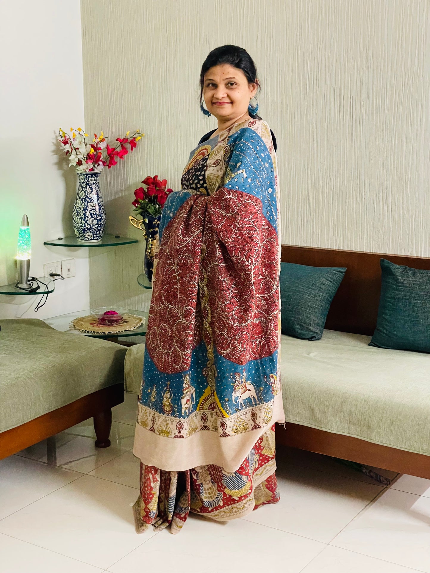 Handcrafted ocean Mata Ni Pachedi saree adorned with authentic handpainted designs inspired by Gujarat's folk art heritage