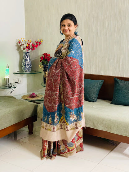 Handcrafted ocean Mata Ni Pachedi saree adorned with authentic handpainted designs inspired by Gujarat's folk art heritage